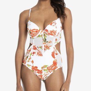 NWT! Rachel Roy White Floral Underwire Mesh Inset One Piece Swimsuit NEW!